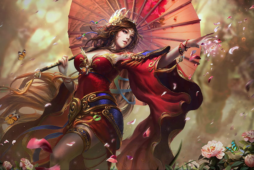 Fantasy girl, red, frumusete, tian zi, fantasy, parasol, luminos, girl HD wallpaper