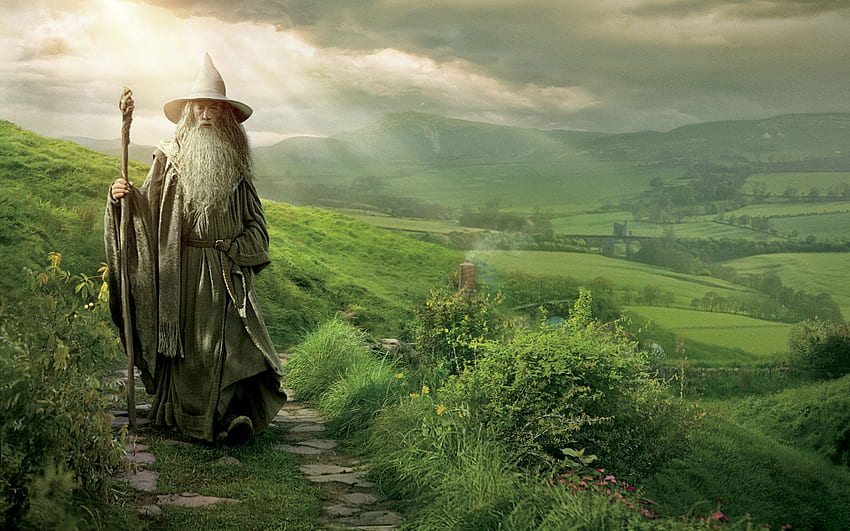 Wizard, old man, beautiful, fantasy, abstract, green, fields, clouds, nature, sky HD wallpaper