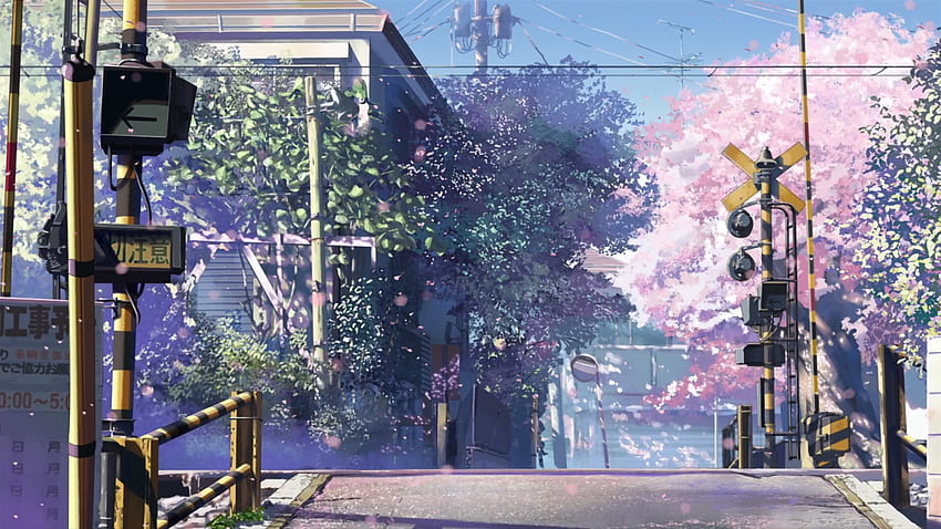 桜の街並み 新海誠 線路 道路 秒速5センチメートルの鉄道 踏切 高画質の壁紙