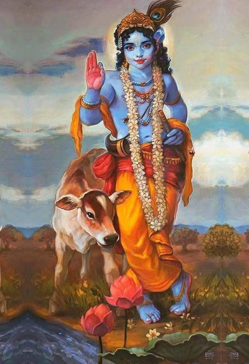 Krishna dengan sapi cantik Poster Cetak Poster, Sudama wallpaper ponsel HD