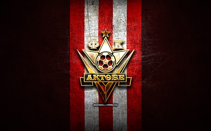 Aktobe FC, golden logo, Kazakhstan Premier League, red metal background, football, Kazakh football club, Aktobe FC logo, soccer, FK Aktobe HD wallpaper