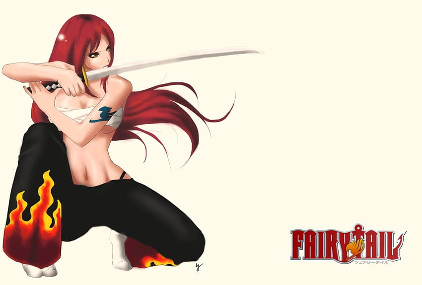 Erza Scarlet, yellow eyes, sword, fairy tail, girl, red hair, long hair, weapons, anime, cream background, katana, female HD wallpaper