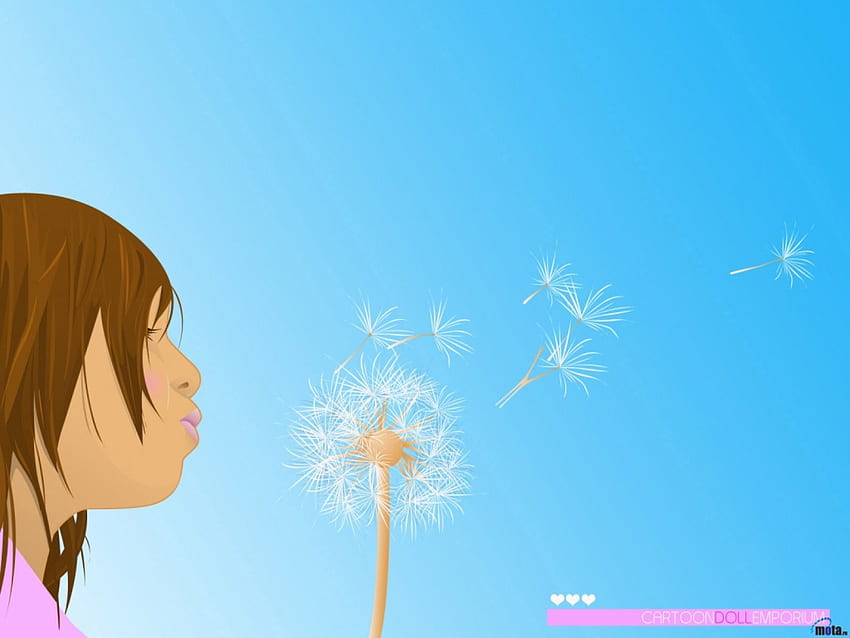 Blowing in the Wind, blow, blue sky, girl, dandelion HD wallpaper