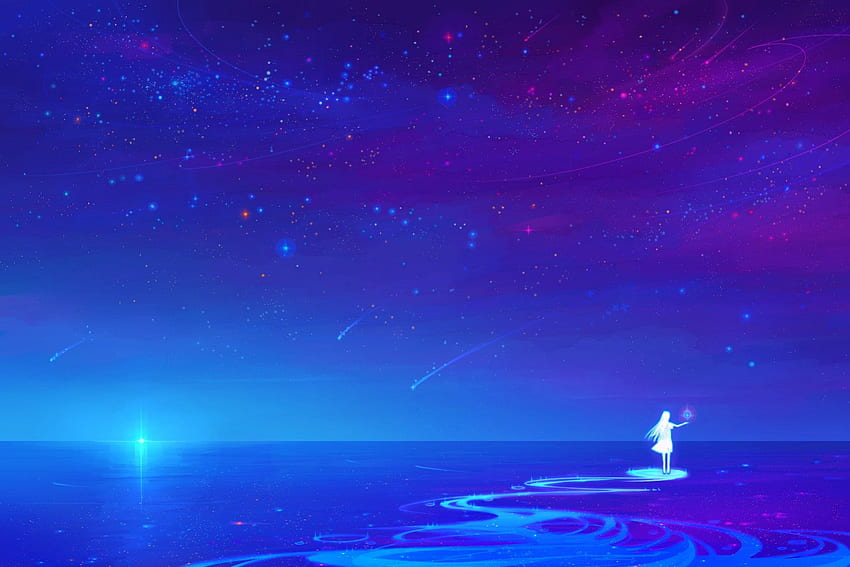 Marcher sur l'eau, nuit, bleu, mer, blanc, fille, étoiles, robe, violet, anime, eau, soirée, océan Fond d'écran HD