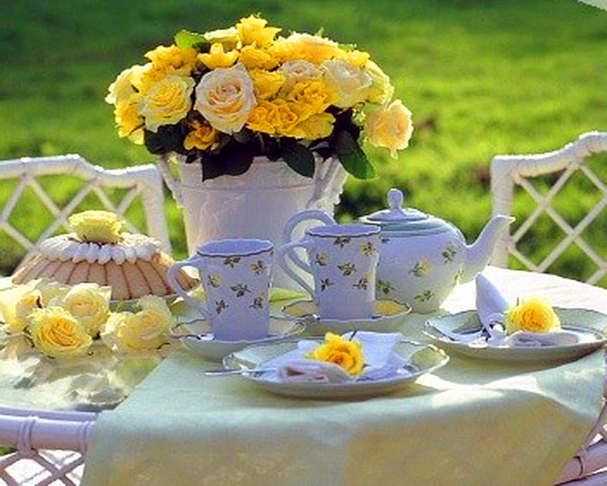 An invitation to lunch, summer, table, outside, yellow, setting, flowers HD wallpaper
