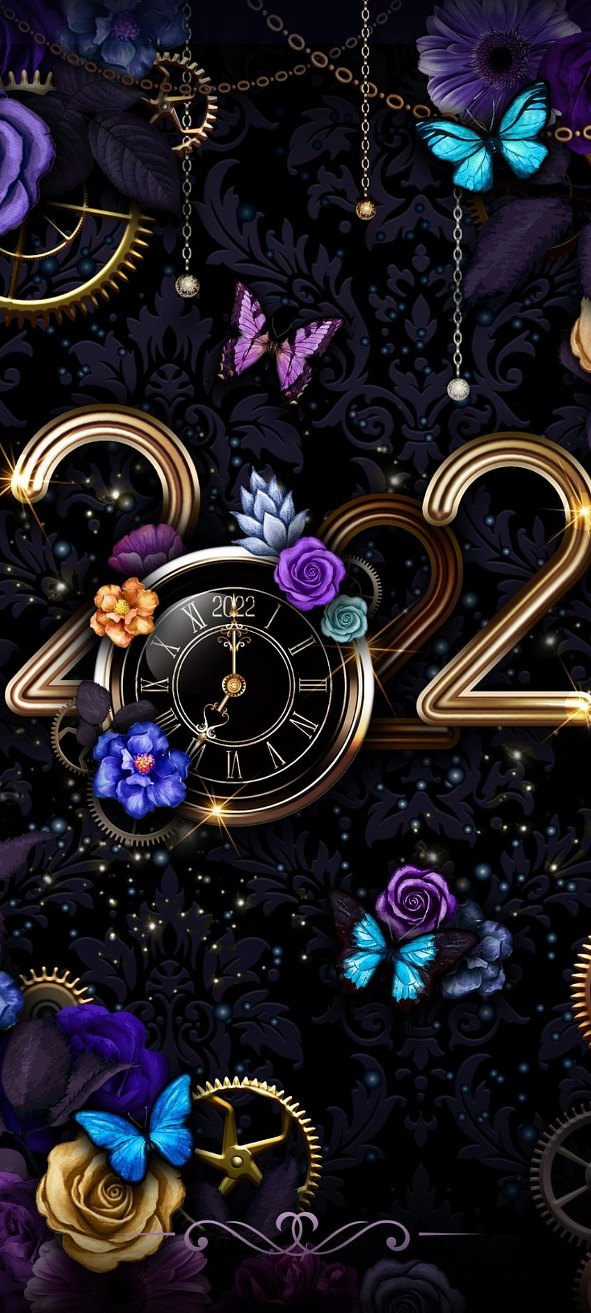 Butterfly and Rose, electric blue, art, Christmas, festival, dark, 2022, NewYear, clock, flower HD phone wallpaper