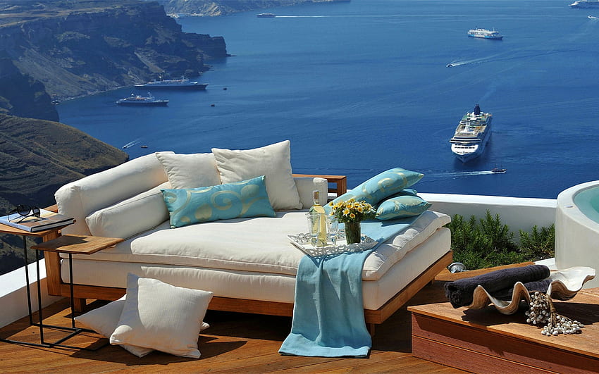 Terraza en Santorini, Grecia, relajante, isla, mar, cama, Grecia, terraza fondo de pantalla
