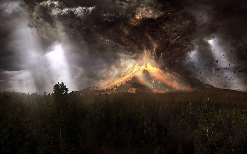 Volcán, Erupción, Catástrofe, Naturaleza, Aves, Arte, Humo, Lava, Cataclismo fondo de pantalla