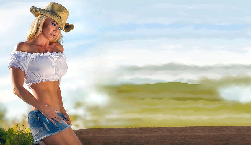 Pesona Cowgirl. ., gaya, cowgirl, kesenangan, mode, di luar rumah, peternakan, pirang, gadis, wanita, model, barat, topi, perempuan Wallpaper HD