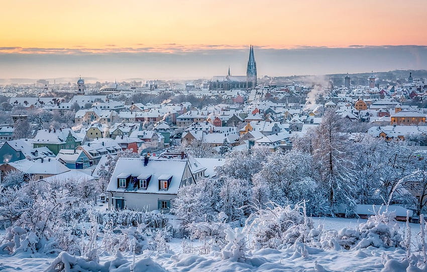 winter, snow, building, home, Germany, Bayern, panorama, Germany, Bavaria, Regensburg, Regensburg for , section город HD wallpaper
