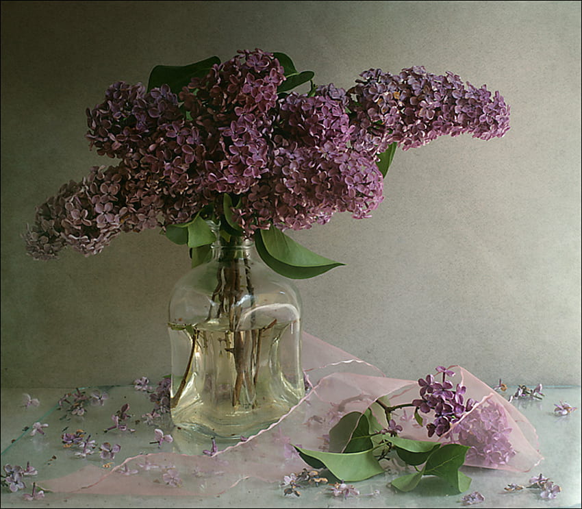 Lilacs, art , still life, beautiful, glass bottle, water HD wallpaper