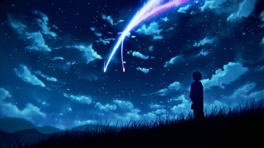 prompthunt: pink and blue sky, japanese anime, comet in the sky, nebula,  galaxy, Your Name movie style, main character standing looking at sky,  wallpaper, 4k, 8k, digital art, wallpaper, artstation