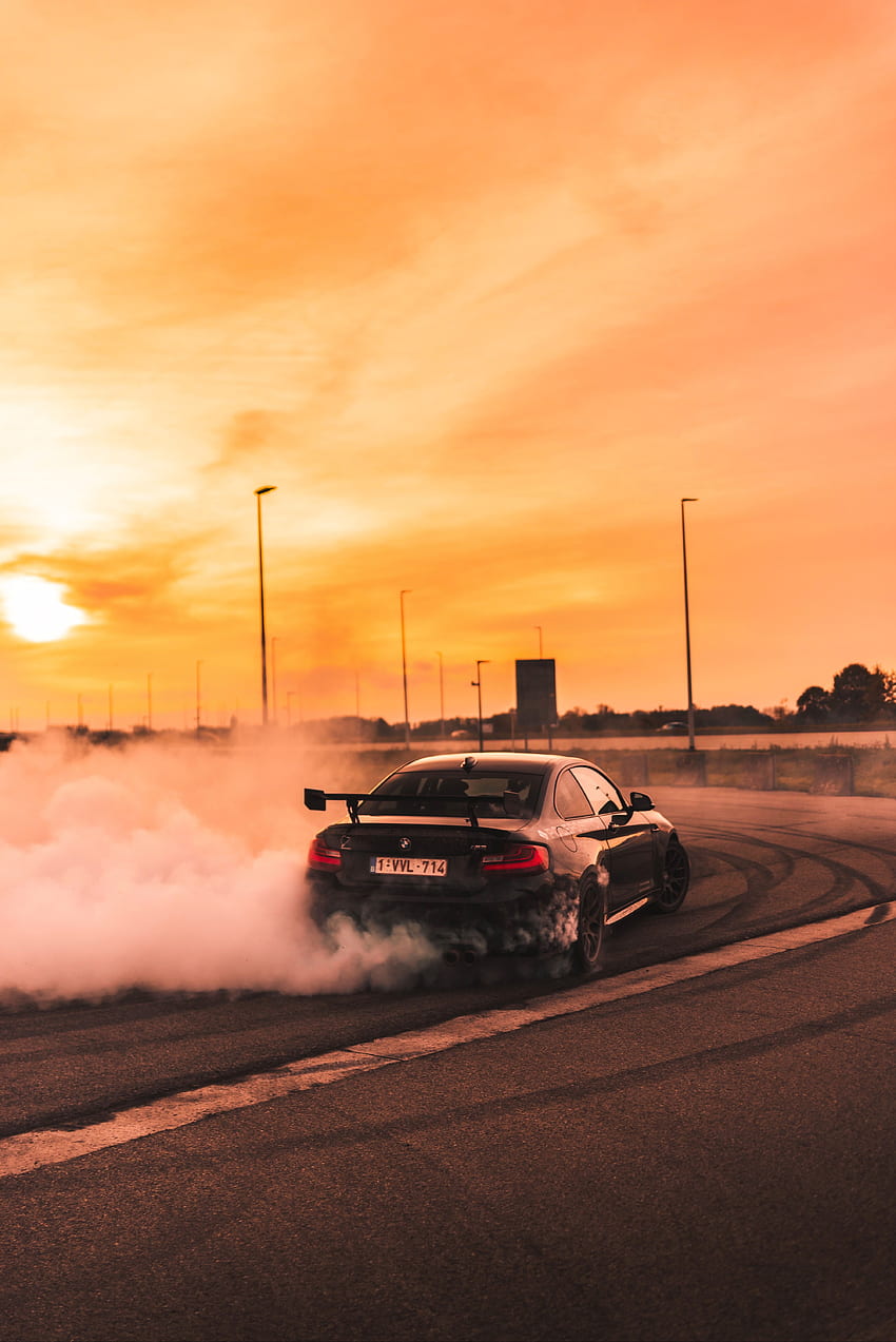 Bmw, Sonnenuntergang, Rauch, Autos, Geschwindigkeit, Drift HD-Handy-Hintergrundbild