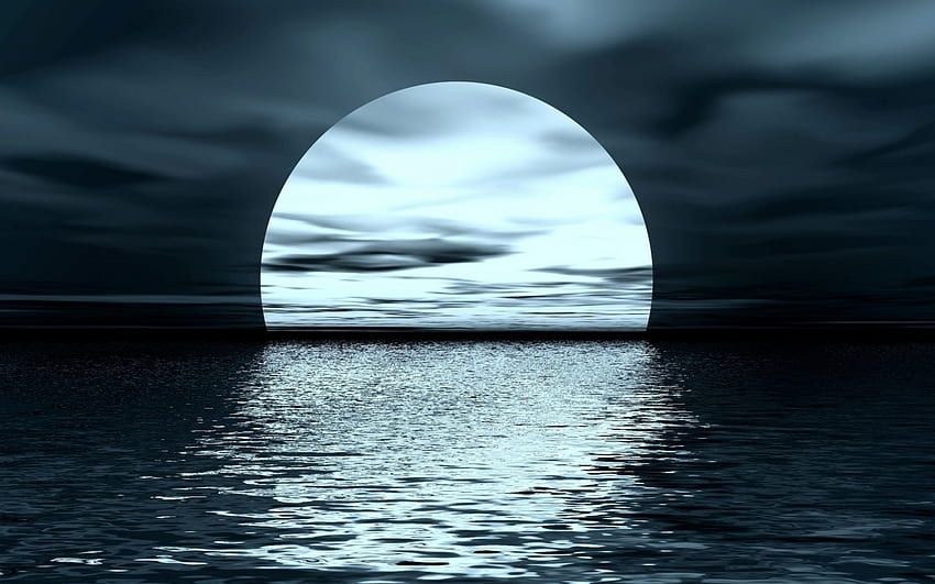 The moon, night, blue, sea, summer, white, moon, luna, water HD wallpaper