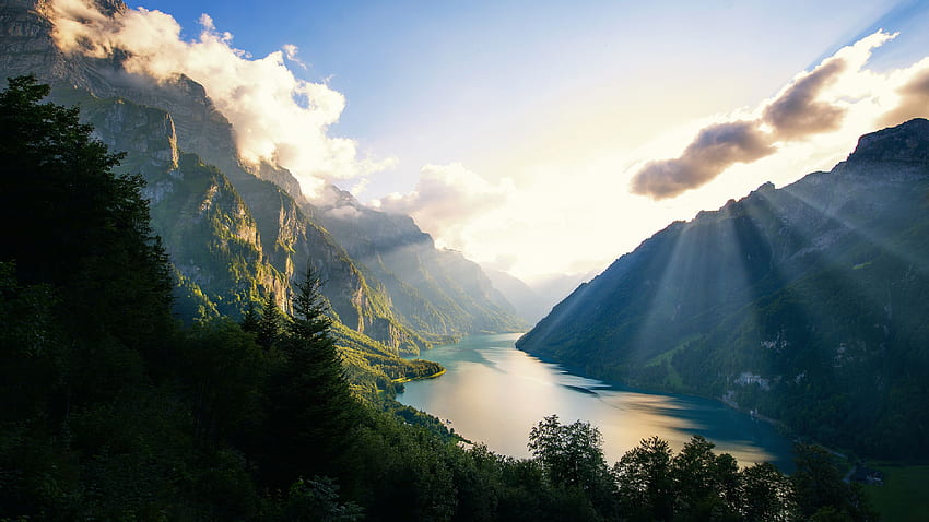 Klontalersee Lake In Switzerland , Beautiful Places , Clouds , Lake , Nature , graphy , Switzerland , World HD wallpaper