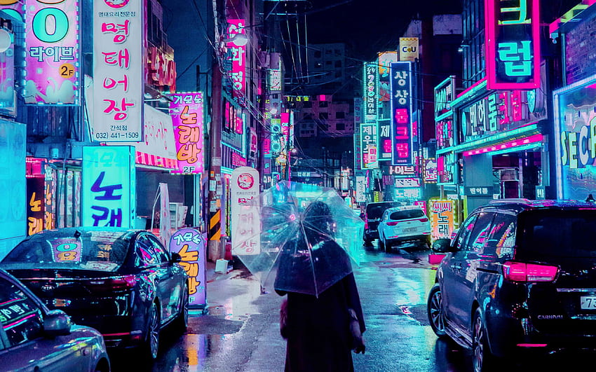 夜の街、通り、傘、ネオン東京 高画質の壁紙