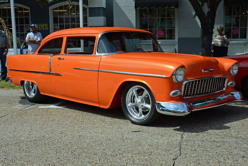 *55 Chevrolet, Bowtie, Orange, Classic, GM HD wallpaper