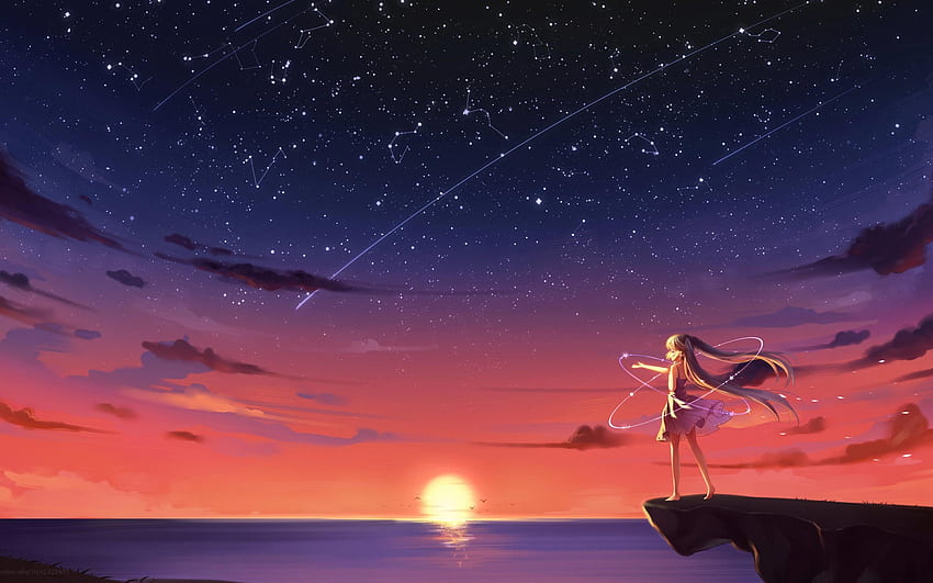 Anime Kız Manzara Gün Batımı HD duvar kağıdı