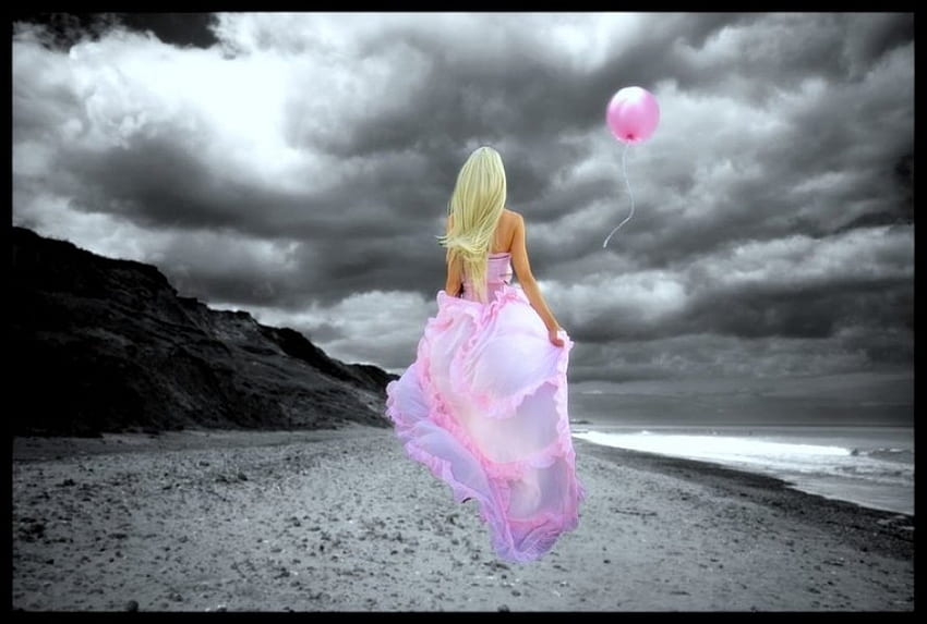 Black and Pink, pink, lady, ballon, beach HD wallpaper