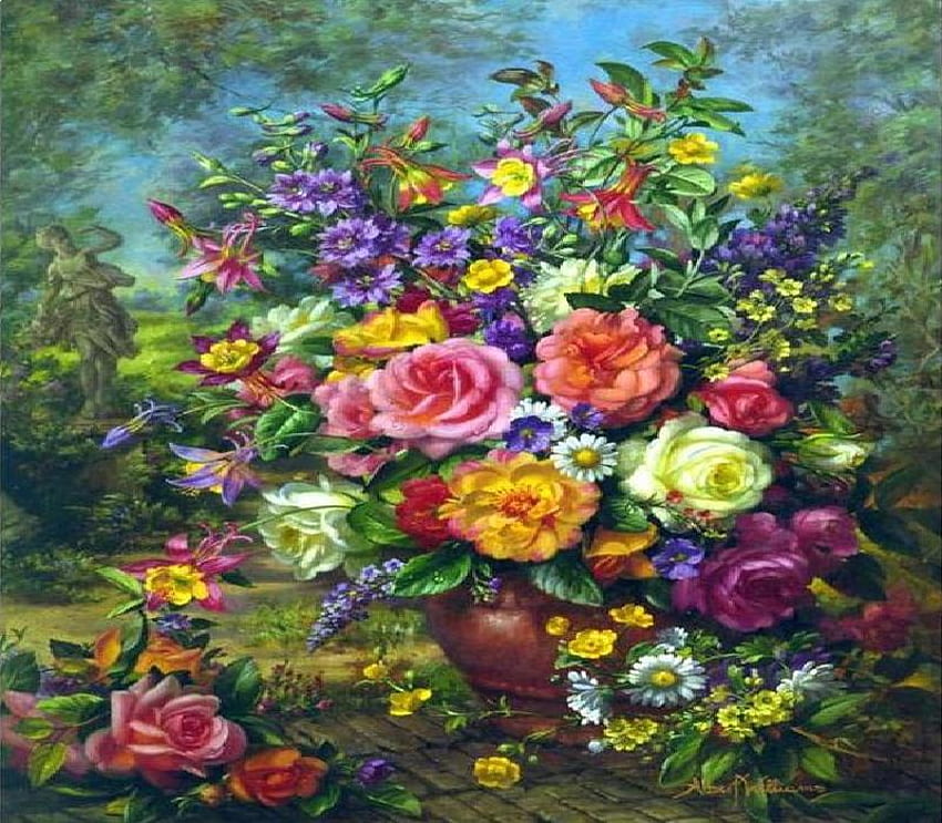 Beauty of Art, vase, arrangement, ground, statue, artwork, painting, trees, flowers, sky, bricks HD wallpaper