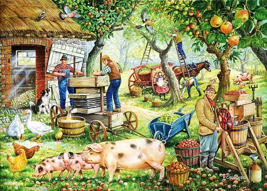 Cider Makers, hens, people, tree, artwork, pigs, coach, apples, machine, harvest, vintage HD wallpaper