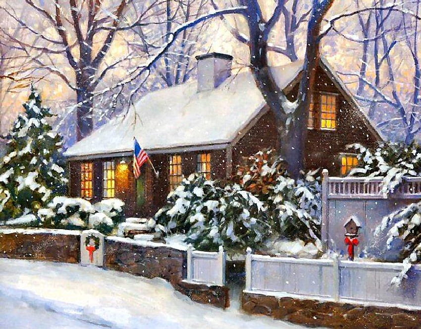 コネチカットのクリスマス、雪、クリスマス、家、フェンス、弓 高画質の壁紙
