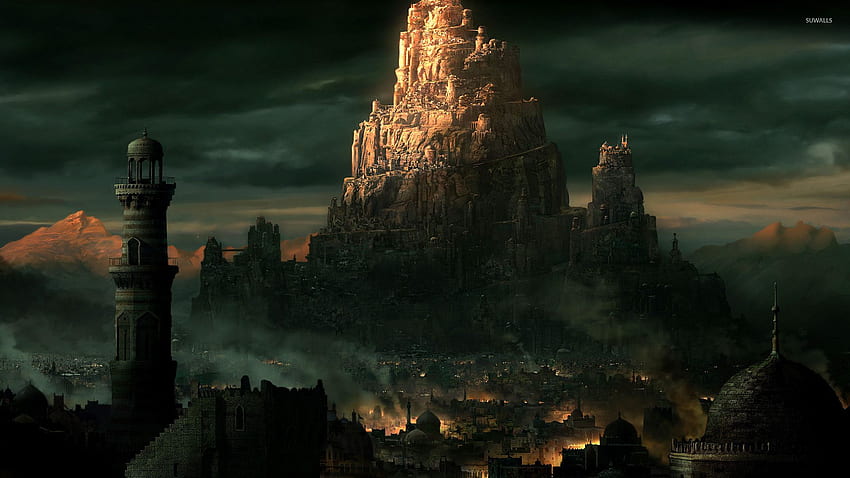 City on a rocky cliff in Prince of Persia: The Two Thrones - Game HD wallpaper