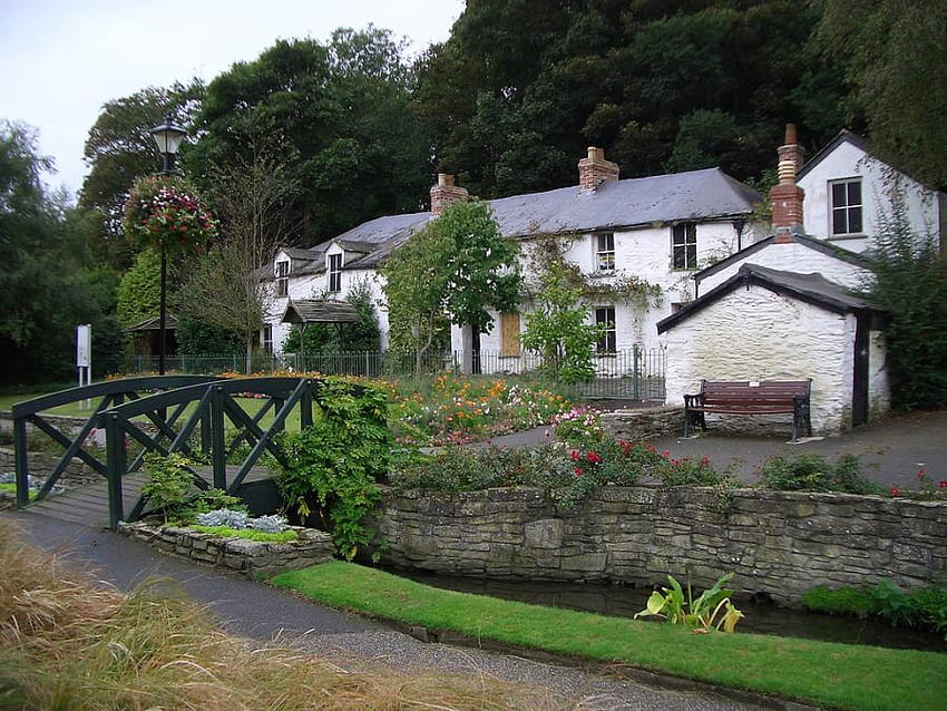 Cottage Garden, art , canal, bridge, flowers garden, beautiful, cottage HD wallpaper