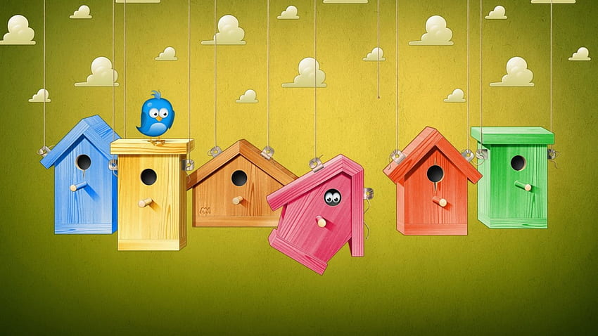 Bienvenue à la maison, bleu, oiseau, livingdoll, orange, rose, bois, vert, beige, jaune, nuages, vecteur, cachette, nichoir Fond d'écran HD