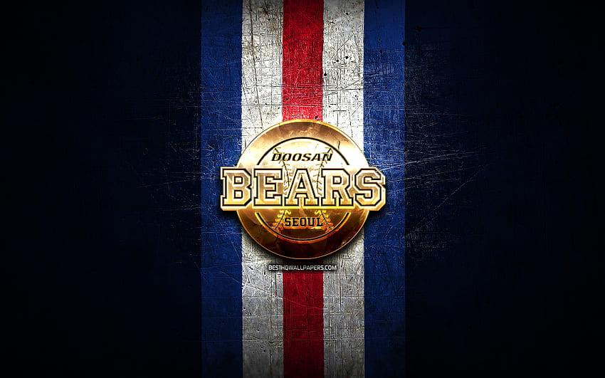 Doosan Bears, златно лого, KBO, син метален фон, бейзболен отбор на Южна Корея, лого на Doosan Bears, бейзбол, Южна Корея HD тапет