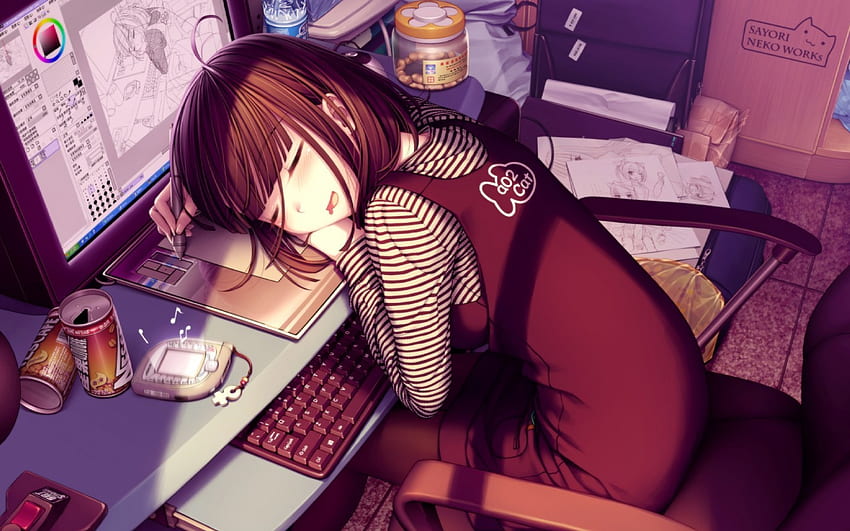 ง่วงนอน, อะนิเมะ, วาด, คอมพิวเตอร์, ผู้หญิง วอลล์เปเปอร์ HD
