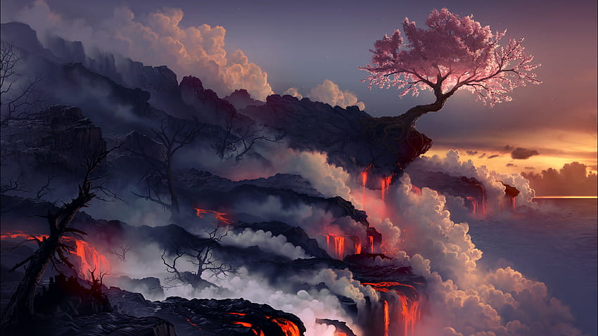 Nubes Cielo Cielo púrpura Agua Sakura Árbol Lava Humo Flor de cerezo Ilustraciones - Resolución: fondo de pantalla