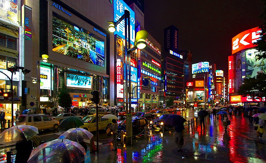 Deszczowe miasto w nocy na ulicy japońskie miasta. - Plik multimedialny Tapeta HD