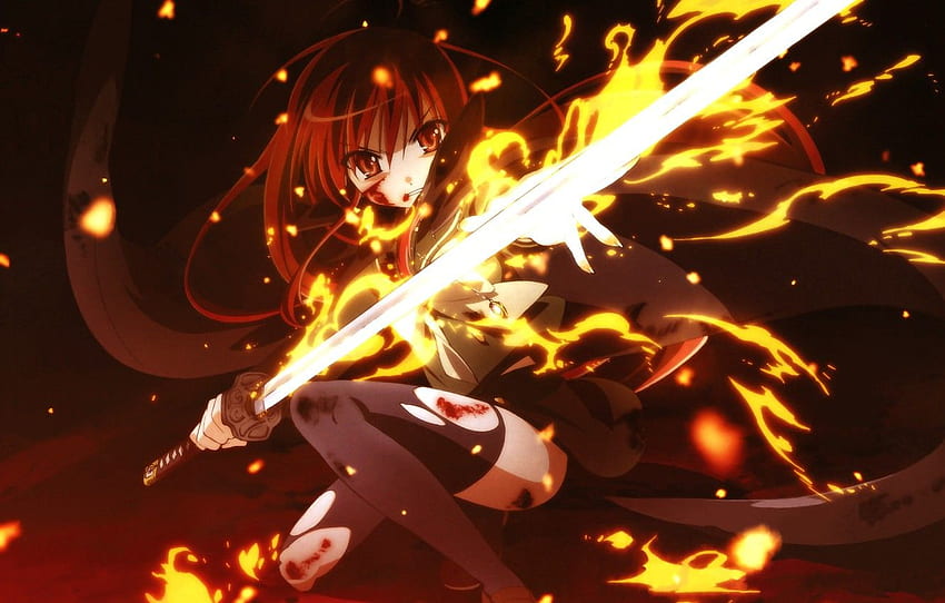 Wallpaper fire, battlefield, flame, girl, sword, blood, game