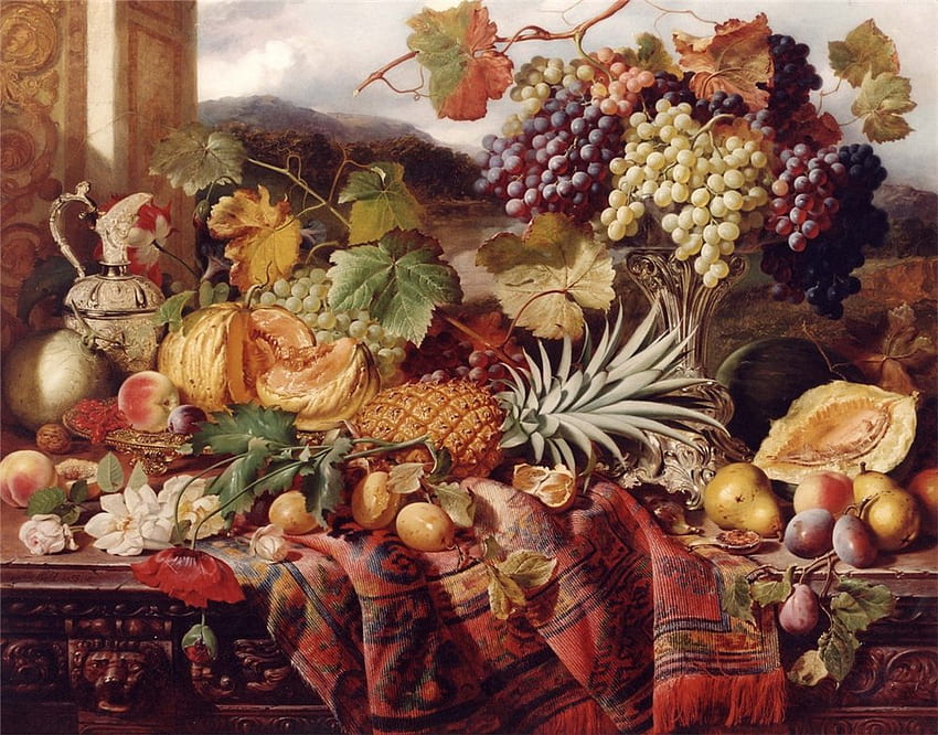 First Place, grapes, plums, vases, pitcher, fancy, table, printed, fabric, berries, nuts, plates, fruits, pineapple, leaves, vines, peaches, flowers, display, melons HD wallpaper