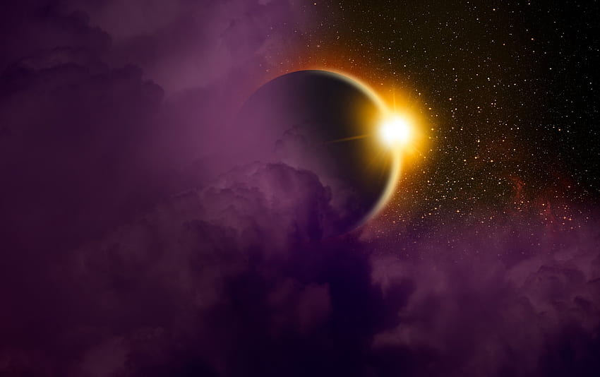 Solar eclipse, purple, pink, planet, yellow, space, sun HD wallpaper