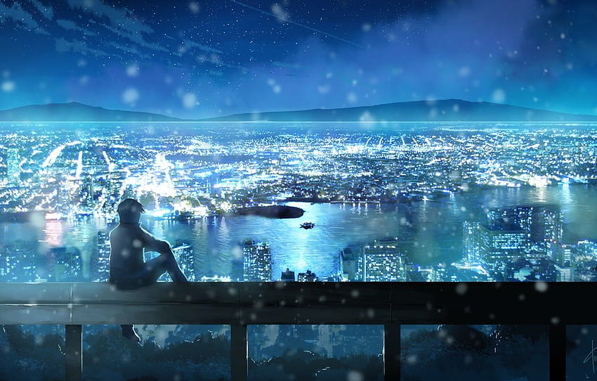the sky, stars, clouds, landscape, night, the city, lights, anime, art, guy, dias mardianto, donsaid for , section сёнэн - HD wallpaper