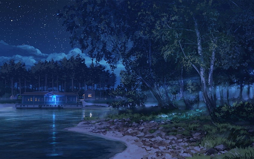 アニメ風景、湖、夜、星、木、ライト for MacBook Pro 15 インチ, MacBook Air 13 インチ 高画質の壁紙