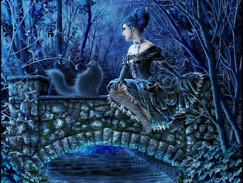 Conversation in Blue, blue, feline, cat, artwork, ivy, leaves, fantasy, bridge, trees, water, female HD wallpaper