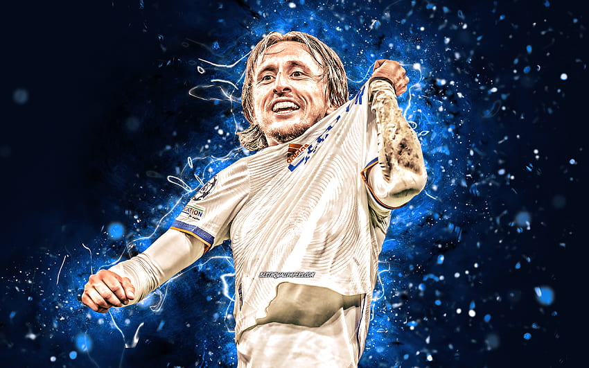 Luka Modric, 2022, blaue Neonlichter, Real Madrid FC, kroatische Fußballer, La Liga, Fußball, Fußball, Real Madrid CF, LaLiga, Luka Modric, Luka Modric Real Madrid HD-Hintergrundbild