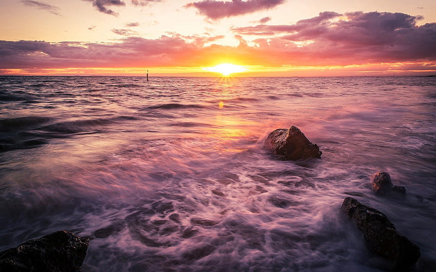 ธรรมชาติ พระอาทิตย์ตก ทะเล โต้คลื่น วอลล์เปเปอร์ HD