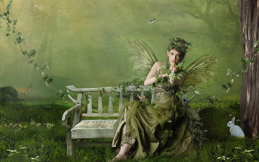 BUTTERFLY GIRL, butterflies, forest folk, benches, forests, nature, fantasy girls HD wallpaper