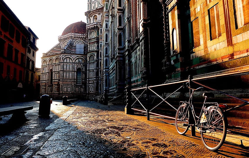 bike, the city, sunrise, street, building, home, morning, fence, Italy, Florence, Italy, Tuscany, Florence, Toscana, Tuscany, Firenze for , section город HD wallpaper