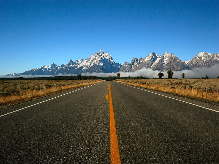 road, marking, line, yellow, mountains, fog, asphalt standard 4:3 background HD wallpaper