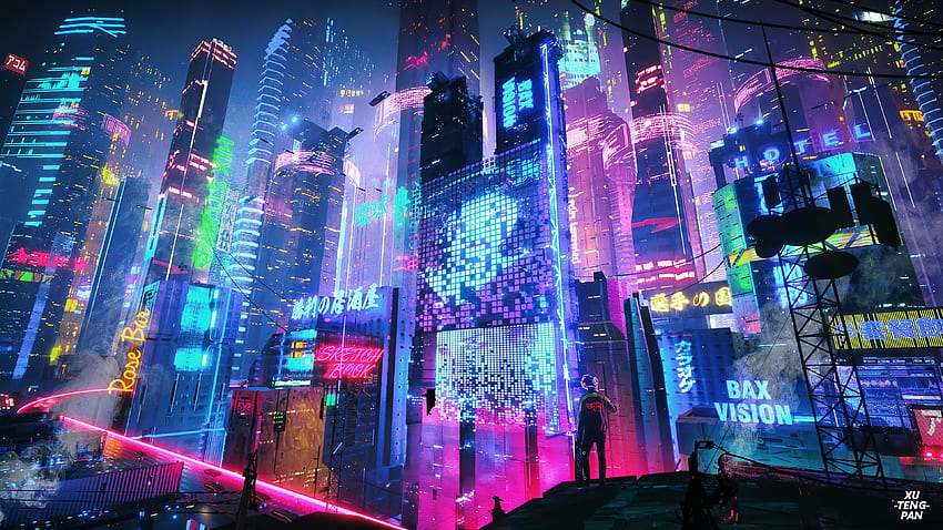 Kolorowe Neonowe Miasto, Artysta, Tło i Cyberpunkowy Pejzaż Tapeta HD