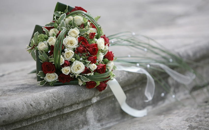 Piękny bukiet, biały, bukiet, grafika, róże, czerwona róża, wstążka, piękny, róża, ślub, miłość, kwiaty, romantyczny Tapeta HD