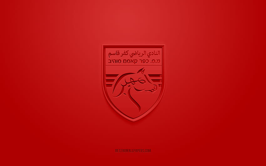 FC Kafr Qasim, kreatywne logo 3D, czerwone tło, Liga Leumit, emblemat 3d, Israel Football Club, Kafr Qasim, Izrael, grafika 3D, piłka nożna, logo FC Kafr Qasim 3d Tapeta HD