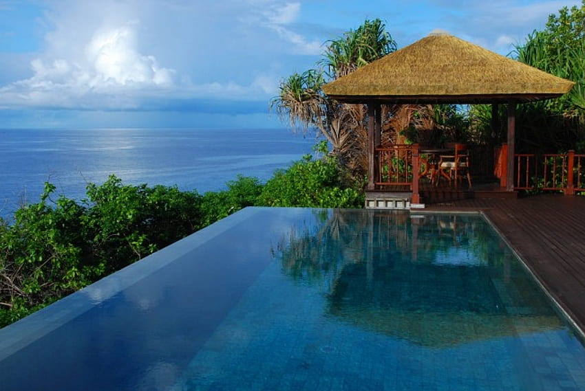 Dream Pool with Ocean View, wyspa, niebieski, piasek, tropikalny, plaża, wyspy, ocean, zachód słońca, pływanie, morze, egzotyka, raj, laguna, zielony, widok, basen, sen Tapeta HD
