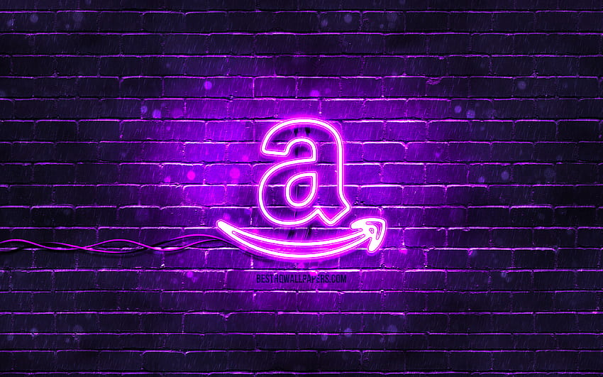 Amazon violet logo, , violet brickwall, Amazon logo, brands, Amazon neon logo, Amazon HD wallpaper