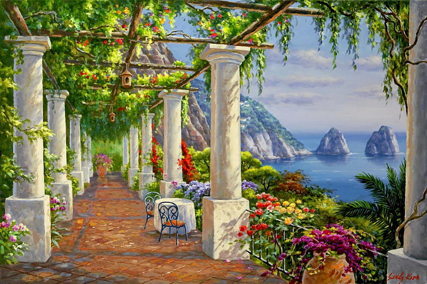 Sea view, spring, nice, painting, arch, greenery, water, sea, art, beautiful, rocks, lake, summer, pretty, view, nature, flowers, lovely HD wallpaper